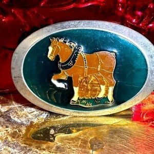 VTG BELT BUCKLE Show Horse Stainless Steel Green Enamel